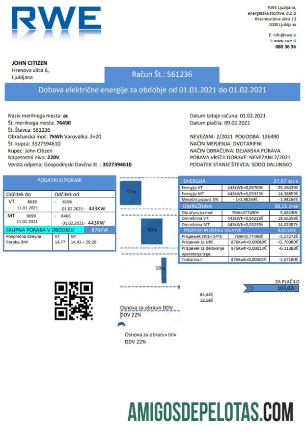 Realistis Slovenia RWE Listrik proof of address Tagihan Tagihan templat in Word and PDF format
