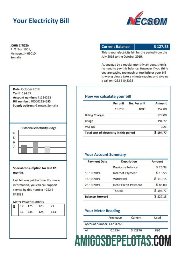Dapat Diedit Somalia NESCOM Perusahaan Listrik Tagihan Tagihan templat in Word and PDF format