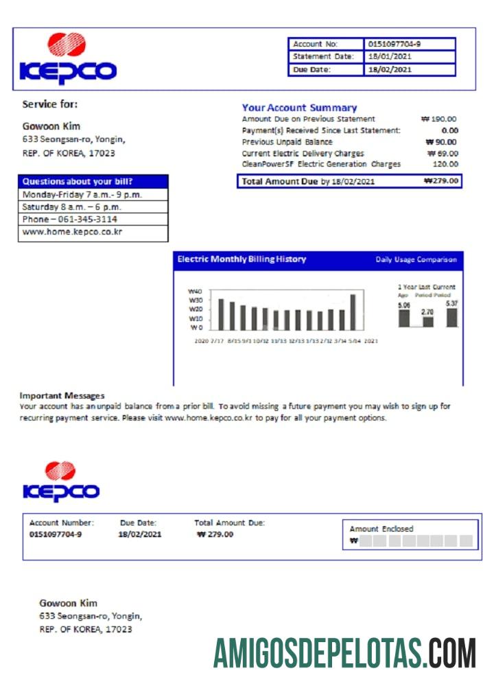 Profesional Korea Selatan Electric Power Corporation Listrik Tagihan Tagihan templat in Word and PDF format