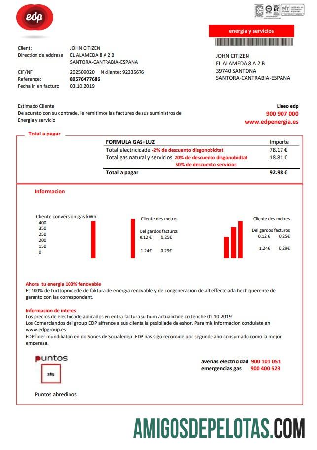 Berkualitas Spanyol EDP Energia Tagihan Tagihan templat in Word and PDF format