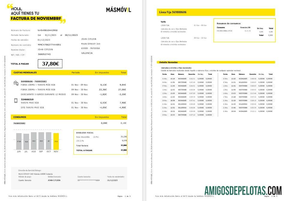 Spanyol Masmovil internet and mobile Tagihan Tagihan Word and PDF format, 5 pages desain