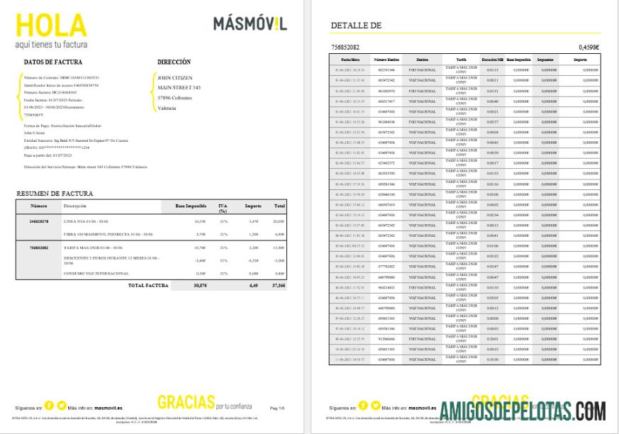 Spanyol Masmovil internet Tagihan Tagihan Word and PDF format, 6 pages pratinjau