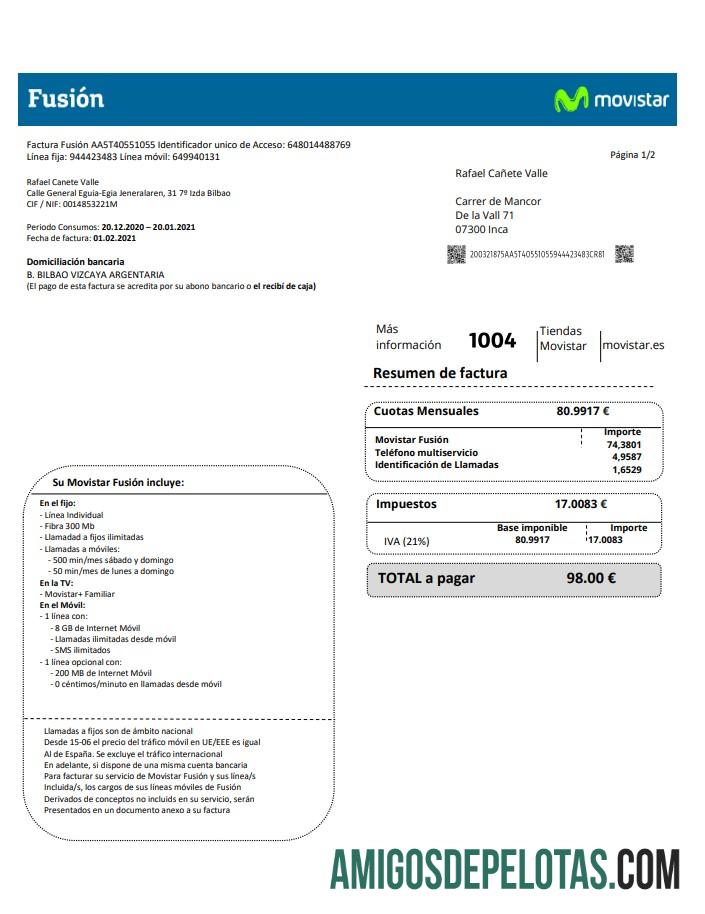 Spanyol Movistar Fusion telecom operator Tagihan Tagihan Dokumen in Word and PDF format pratinjau