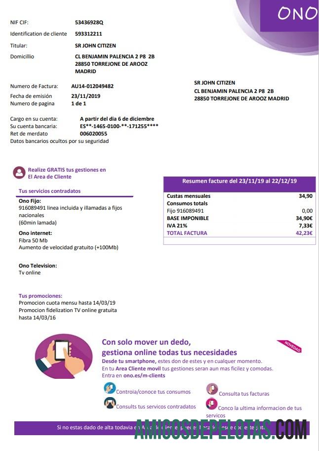Realistis Spanyol ONO easy fillable Tagihan Tagihan templat in Word and PDF format (.doc and .PDF)