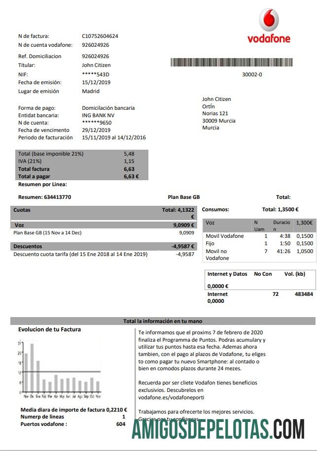 Realistis Spanyol Vodafone telecommunications Tagihan Tagihan templat in Word and PDF format