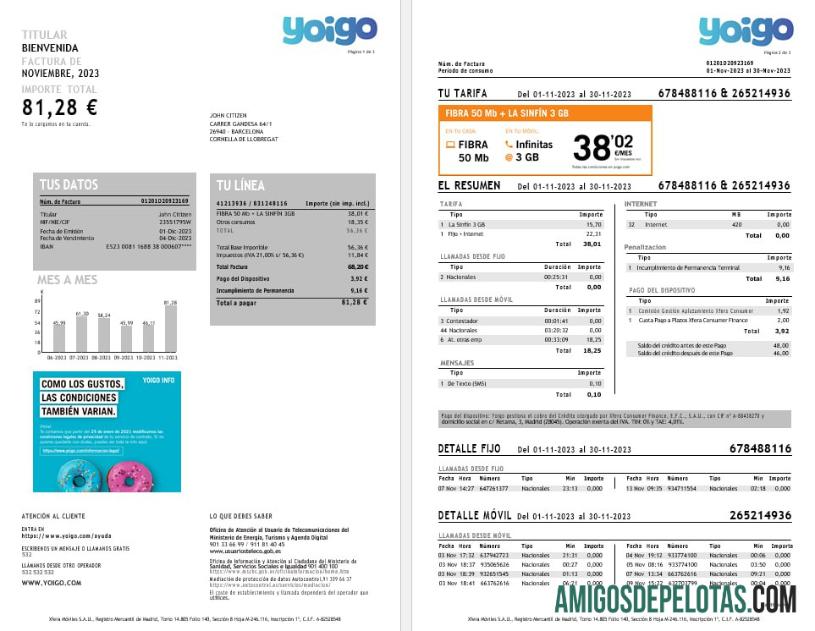 Spanyol Yoigo internet Tagihan Tagihan in Word and PDF format, 3 pages pratinjau