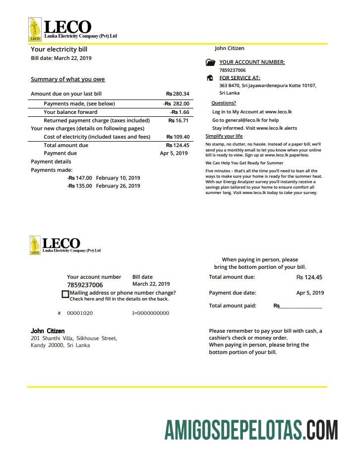 Dapat Diedit Sri Lanka LECO Perusahaan Listrik Tagihan Tagihan templat in Word and PDF format