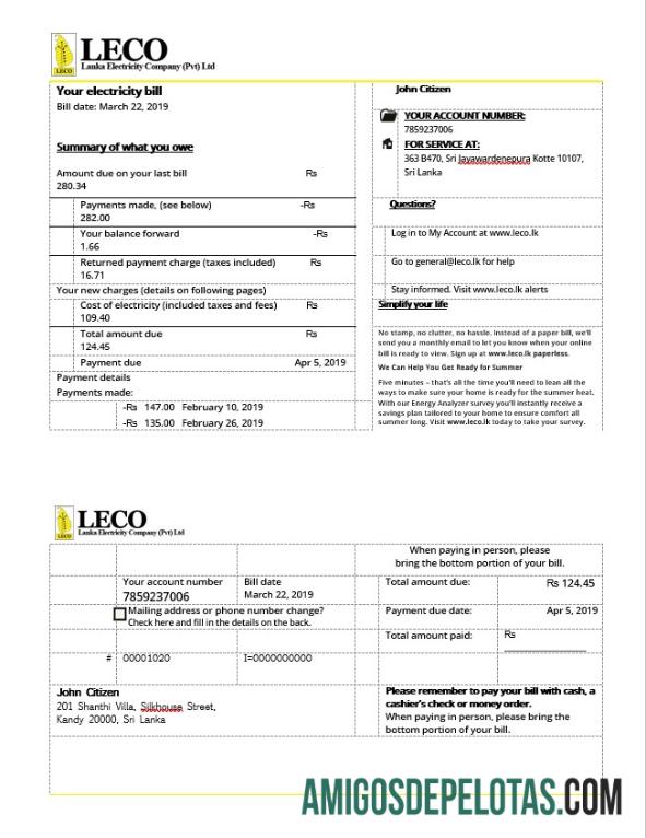 Sri Lanka LECO Listrik Tagihan in Word format templat