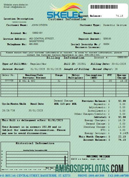 Premium St. Kitts Listrik Perusahaan (SKELEC) Tagihan Tagihan Dapat Diedit templat in PDF and Word format