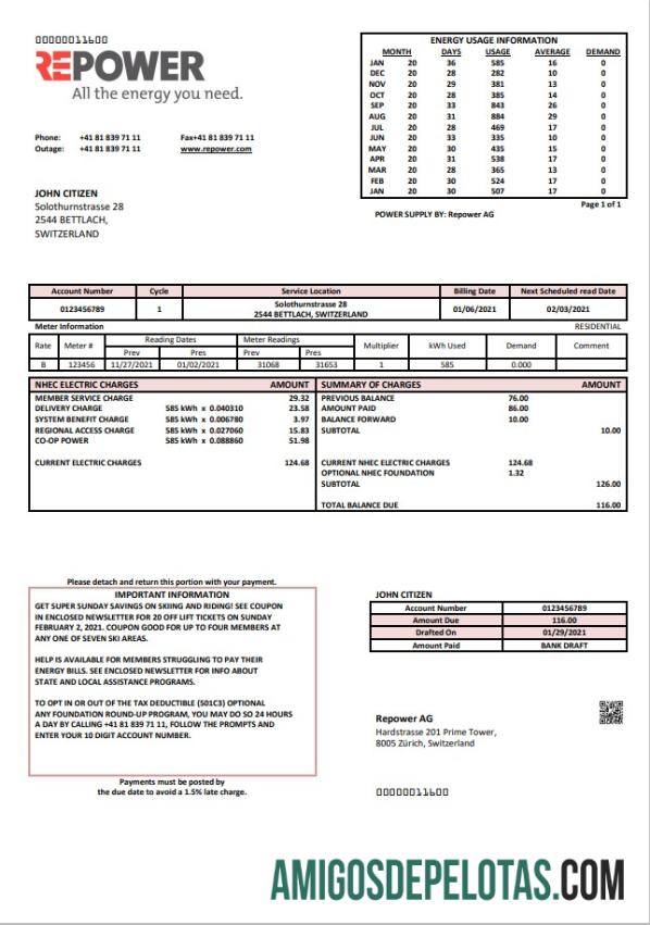 Premium Swiss Repower AG Tagihan Tagihan templat, fully Dapat Diedit in Word and PDF format