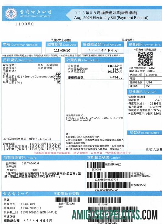 Taiwan power Perusahaan Listrik Tagihan in PSD format pratinjau