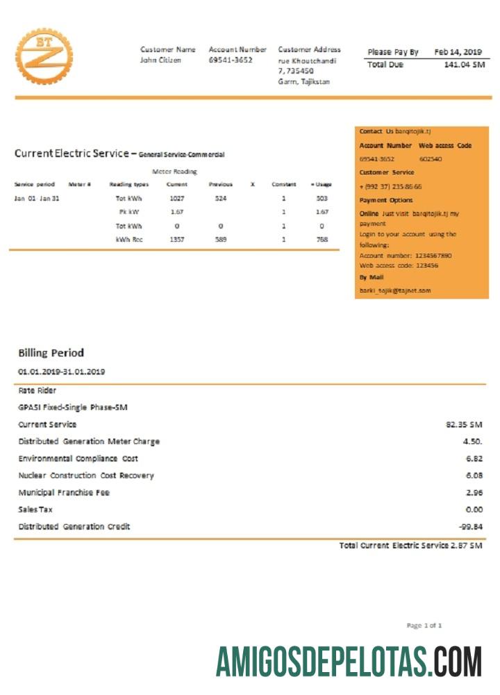 Berkualitas Tajikistan Barqi Tojik Perusahaan Listrik Tagihan Tagihan templat in Word and PDF format