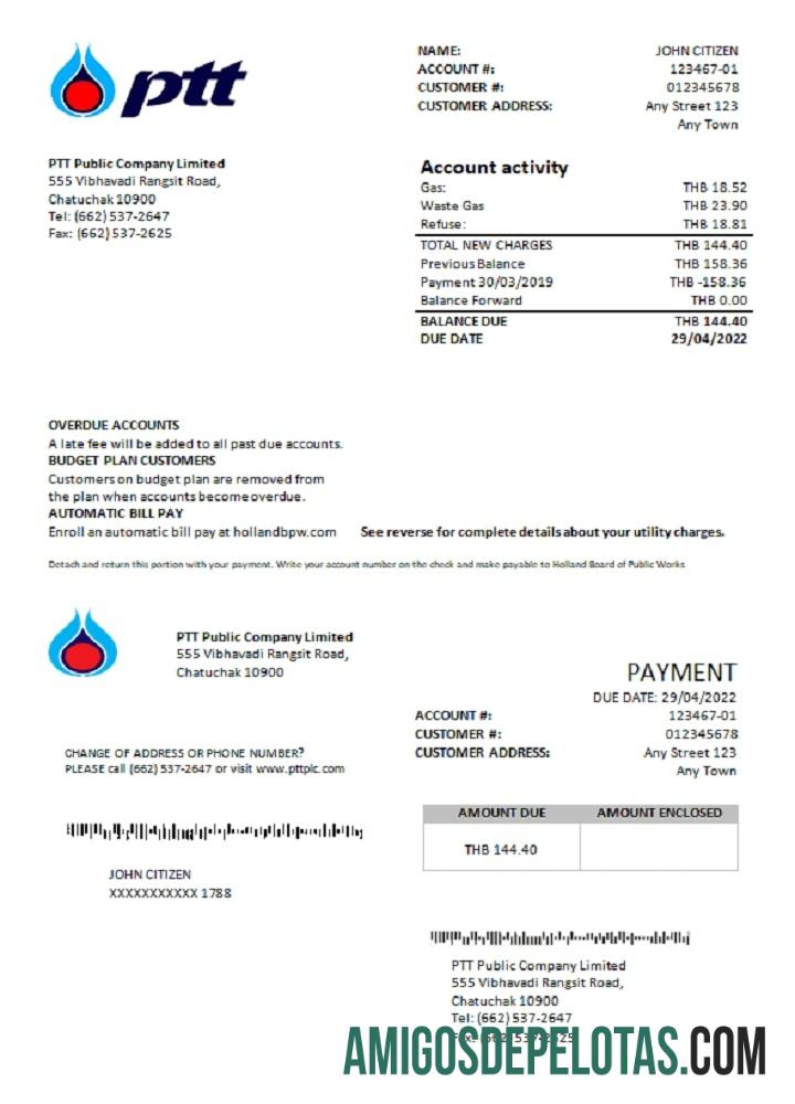 Dapat Diedit Thailand PTT Gas Tagihan Tagihan templat in Word and PDF format
