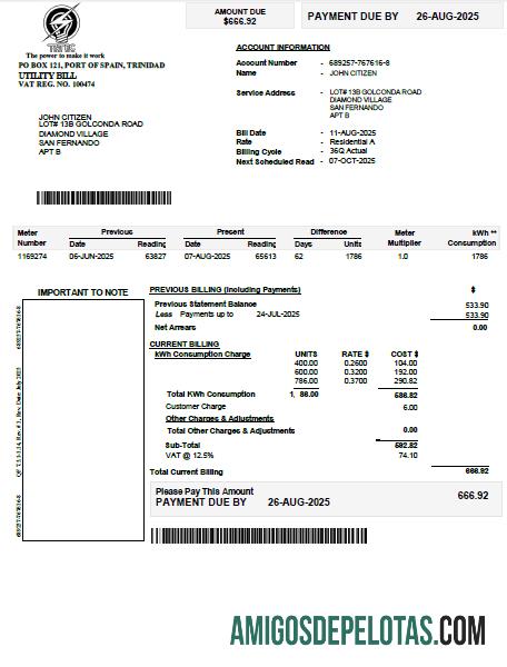 Premium Trinidad dan Tobago Listrik Commission Tagihan Tagihan templat in Word and PDF format