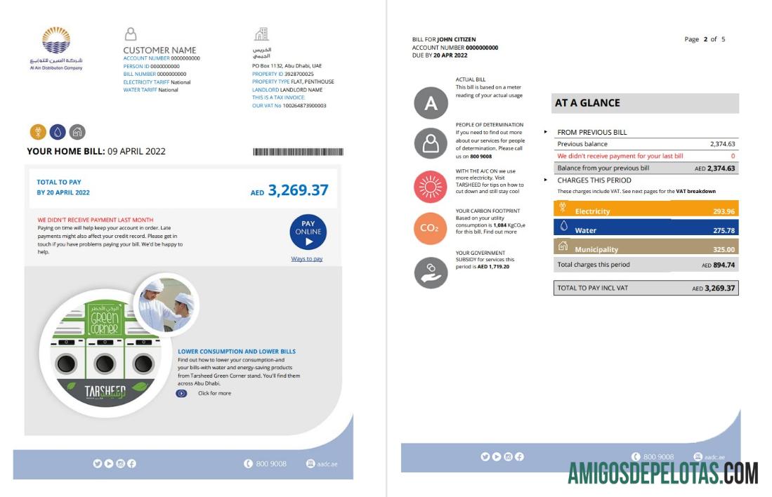 Premium UEA Abu Dhabi Al Ain Distribution Co. Word and PDF Tagihan Tagihan templat (5 pages) 1 2