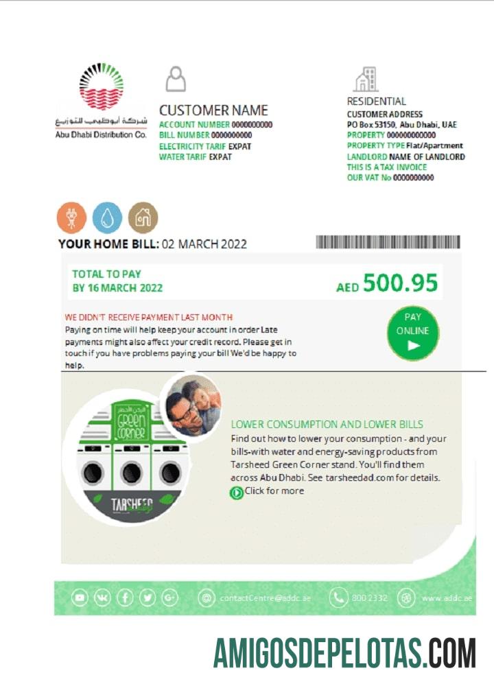 Realistis UEA Abu Dhabi Distribution Co. Tagihan Tagihan templat in Word and PDF format