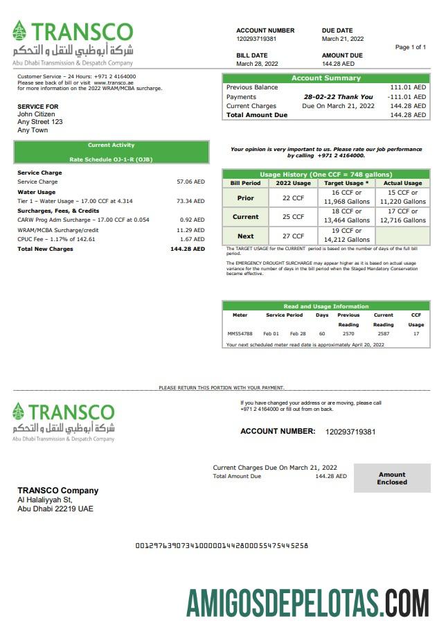 Realistis UEA Abu Dhabi Transmission & Despatch Perusahaan (TRANSCO) Tagihan Tagihan templat in Word and PDF format