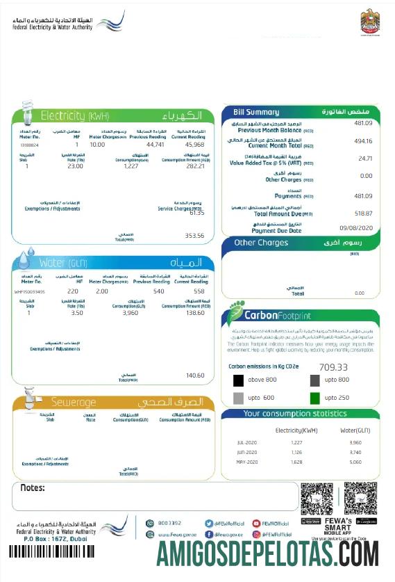 Premium UEA DUBAI FEDERAL Listrik & Air AUTHORITY Tagihan Tagihan Word and PDF templat