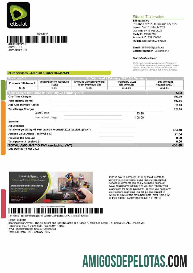 Berkualitas UEA Etisalat Tagihan Tagihan templat in Word and PDF format