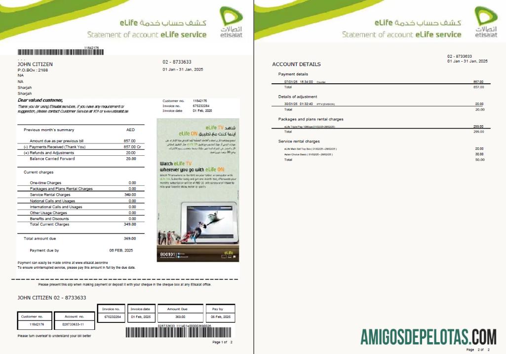 Dapat Diedit UEA Etisalat Tagihan Tagihan templat in Word and PDF format, 2 pages, versi 2