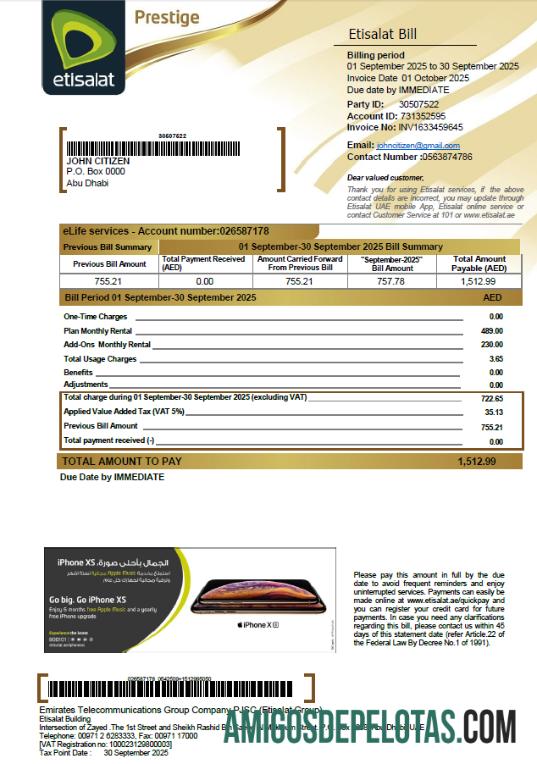 Realistis UEA Etisalat Tagihan Tagihan templat in Word and PDF format, versi 2