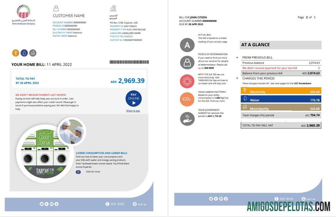Premium UEA Fujairah Al Ain Distribution Co. Word and PDF Tagihan Tagihan templat (5 pages) 1 2