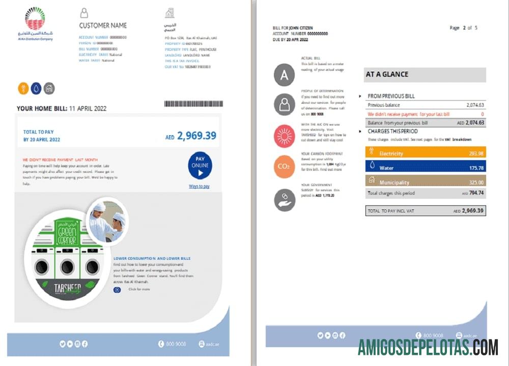 Realistis UEA Ras Al Khaimah Al Ain Distribution Co. Word and PDF Tagihan Tagihan templat (5 pages) 1 2