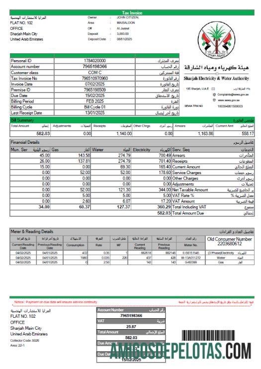 Dapat Diedit UEA Sharjah Listrik and Air Authority Tagihan Tagihan templat in Word and PDF format