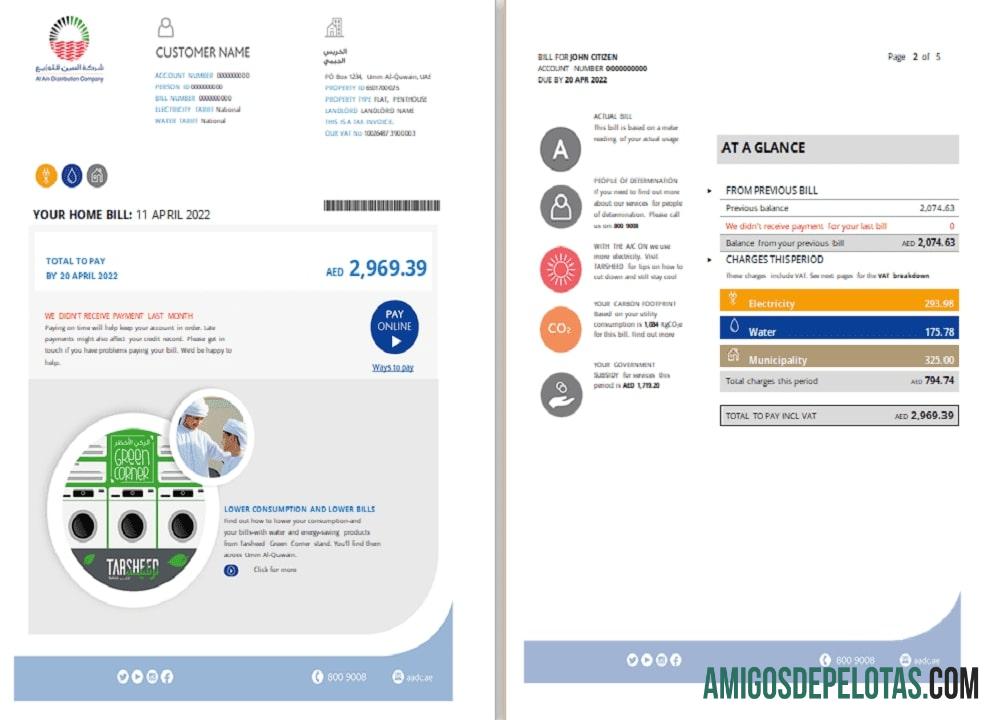 Profesional UEA Umm Al Quwain Al Ain Distribution Co. Word and PDF Tagihan Tagihan templat (5 pages) 1 2