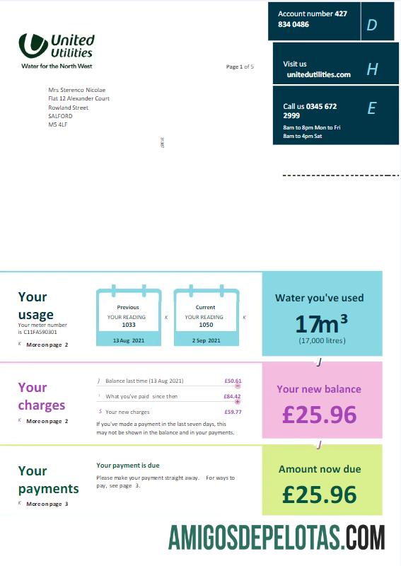 Premium Inggris Raya UNITED UTILITIES Tagihan Tagihan Word and PDF templat