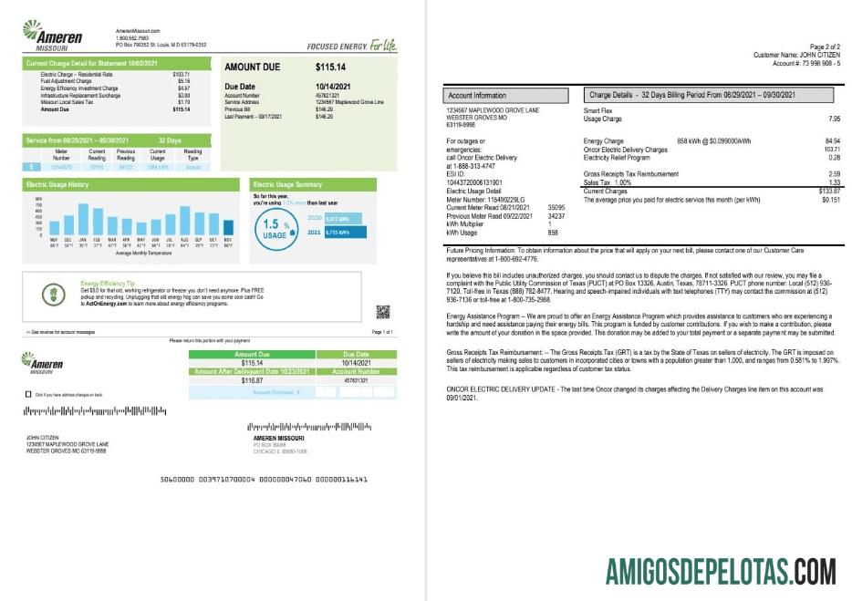 Dapat Diedit AS Ameren Missouri Listrik Tagihan Tagihan templat in Word and PDF format (2 pages)