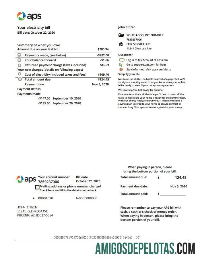 Realistis AS Arizona APS Listrik proof of address Tagihan Tagihan templat in Word and PDF format