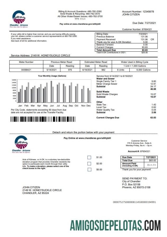 Profesional AS Arizona Chandler Utilities Tagihan templat in Word and PDF format