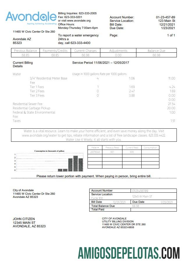 Realistis AS Arizona The City of Avondale Air Tagihan Tagihan templat in Word and PDF format
