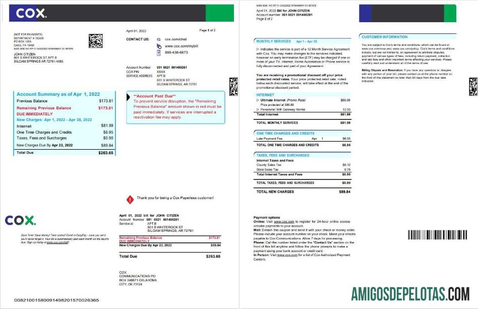 Berkualitas AS COX digital cable television Tagihan Tagihan, Word and PDF templat, 2 pages