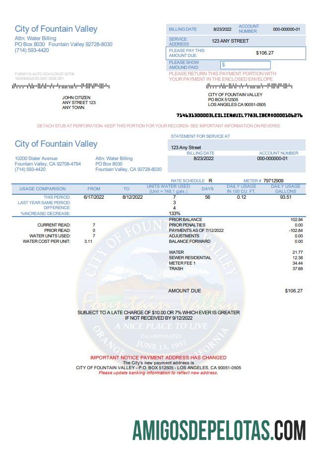 Dapat Diedit AS California City of Fountain Valley Tagihan Tagihan templat in Word and PDF format