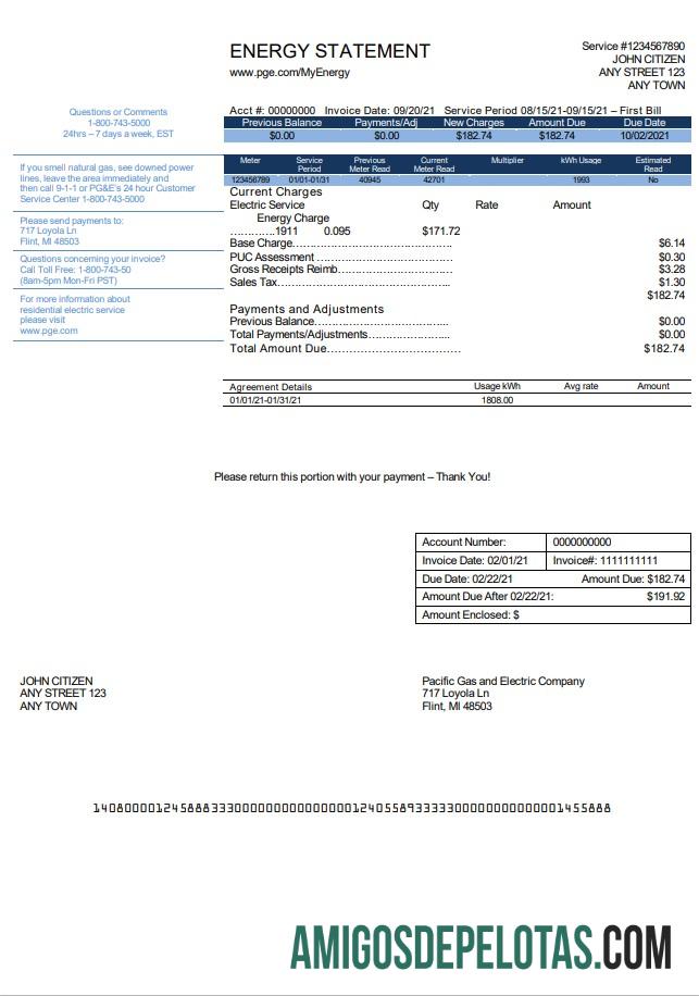Berkualitas AS California PG&E (Pacific Gas and Electric Perusahaan) Tagihan Tagihan templat in Word and PDF format, versi 2