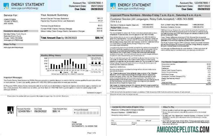 Berkualitas AS California PG&E (Pacific Gas and Electric Perusahaan) Tagihan Tagihan, Word and PDF templat, 6 pages 1 2