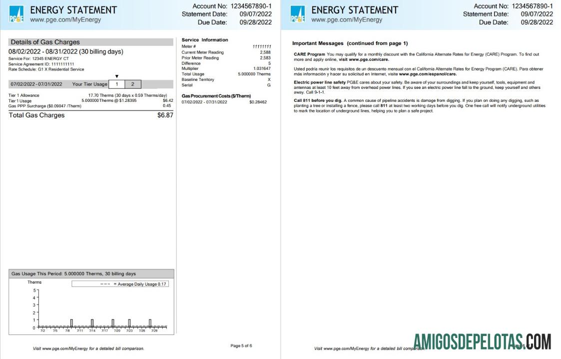Dapat Diedit AS California PG&E (Pacific Gas and Electric Perusahaan) Tagihan Tagihan, Word and PDF templat, 6 pages 5 6