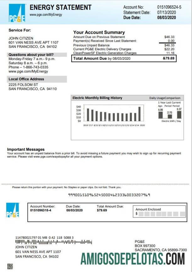 Profesional AS California PG&E Listrik Tagihan Tagihan templat in Word and PDF format