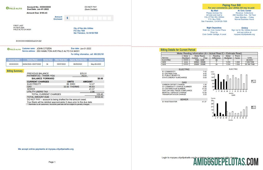 Dapat Diedit AS California Palo Alto Tagihan Tagihan, Word and PDF templat, 2 pages
