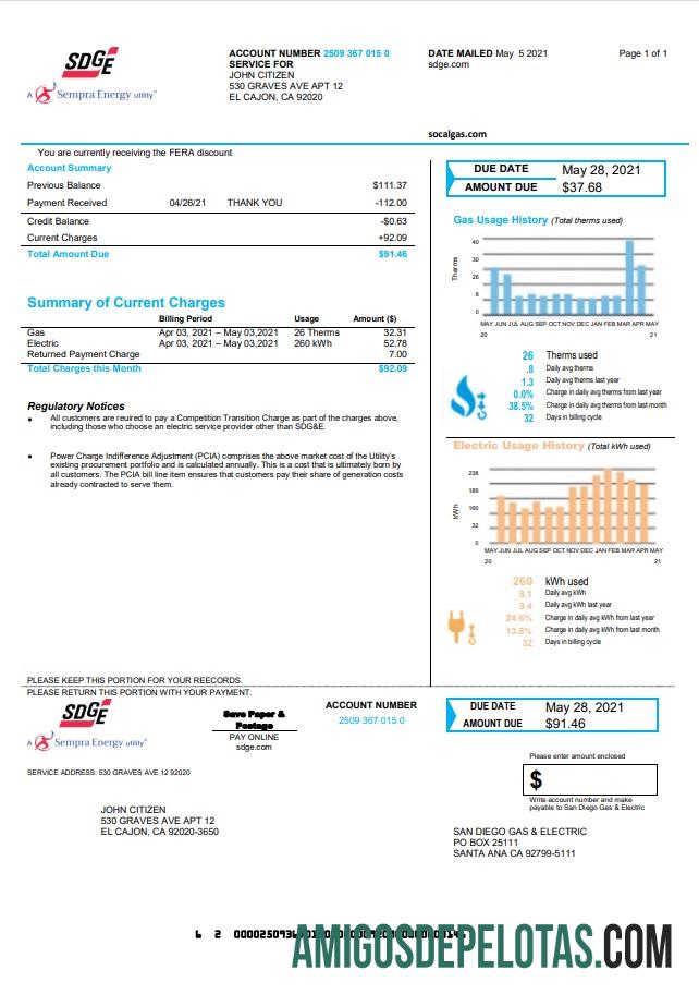 Berkualitas AS California San Diego Gas & Electric (SDG&E) Tagihan Tagihan templat in Word and PDF format