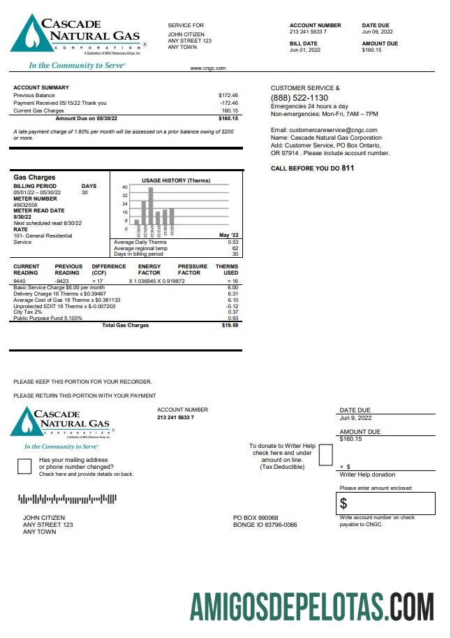 Berkualitas AS Cascade Natural Gas Tagihan Tagihan, Word and PDF templat