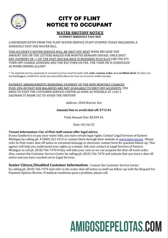 Premium AS City of Flint Michigan Notice to occupant Air Tagihan Tagihan shutoff notice, Word and PDF templat