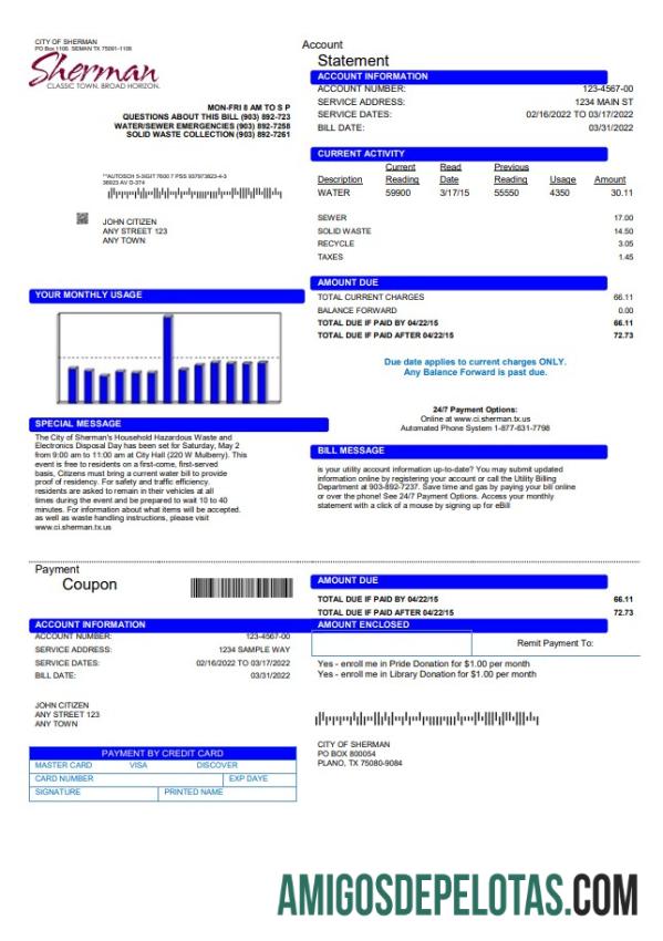 Realistis AS City of Sherman Tagihan Tagihan templat in Word and PDF format
