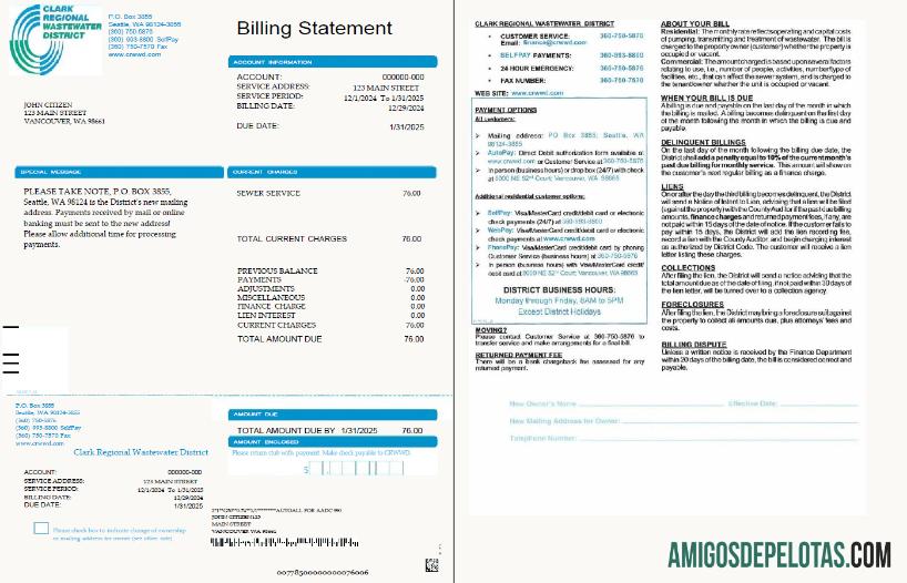 Realistis AS Clark Regional Wastewater District Tagihan Tagihan templat in Word and PDF format, 2 pages