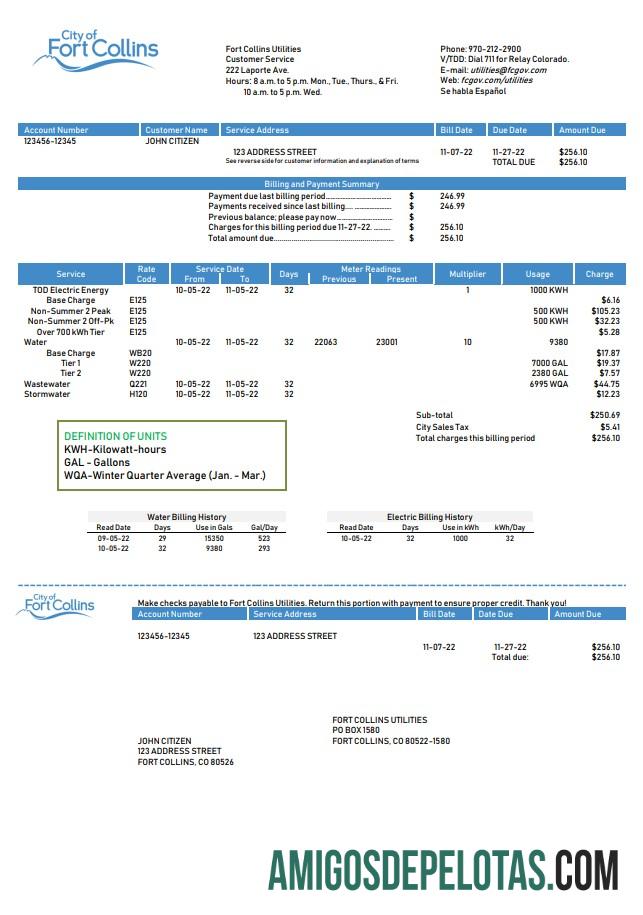 Realistis AS Colorado Fort Collins Utilities Tagihan Tagihan templat in Word and PDF format