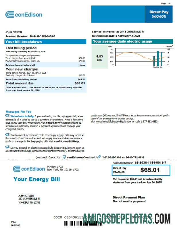 Profesional AS Conedison Tagihan Tagihan templat in Word and PDF format, versi 2