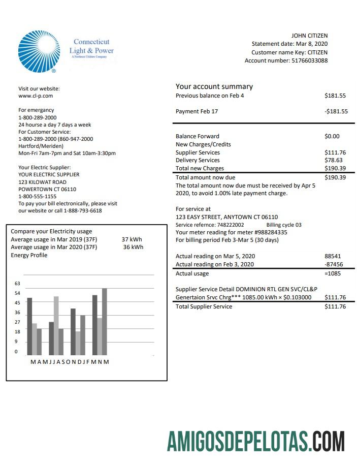 AS Connecticut Light & Power Listrik Tagihan Tagihan in Word and PDF format desain