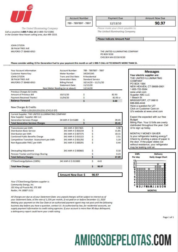 Dapat Diedit AS Connecticut The United Illuminating Perusahaan Listrik Tagihan Tagihan templat in Word and PDF format
